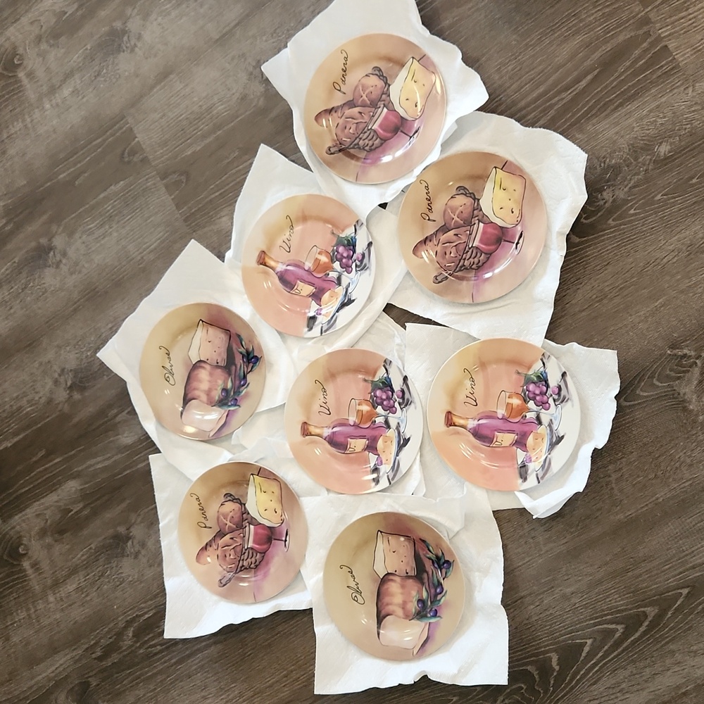 Set of 8 - 8" Appetizer Plates: Wine, Bread & Cheese themed